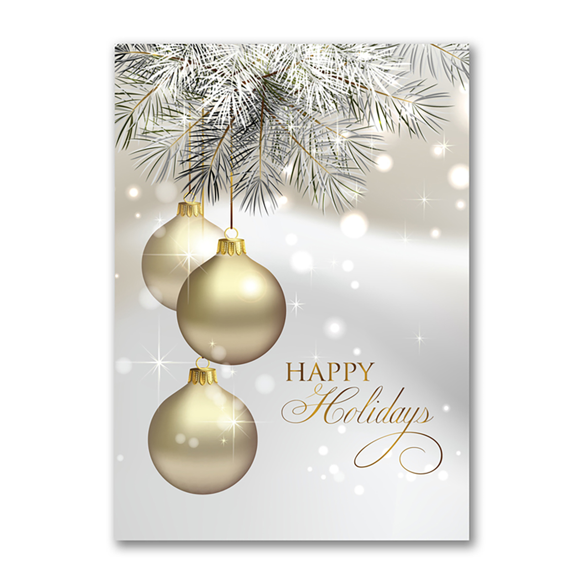 Happy Holidays card featuring elegant gold ornaments hanging from frosted evergreen branches