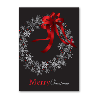 Merry Christmas card featuring a snowflake wreath with a red ribbon bow on a black background