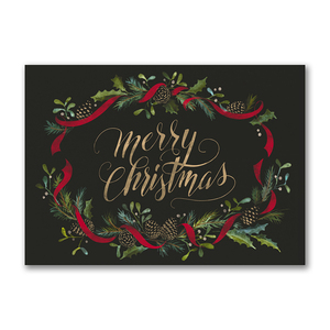 Merry Christmas card featuring pine cones evergreen branches and red ribbon on a dark background