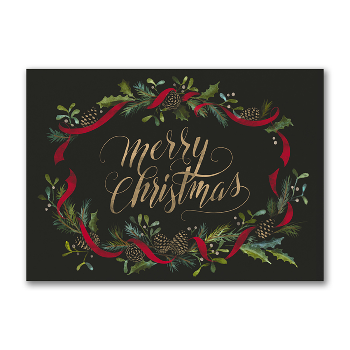 Merry Christmas card featuring pine cones evergreen branches and red ribbon on a dark background