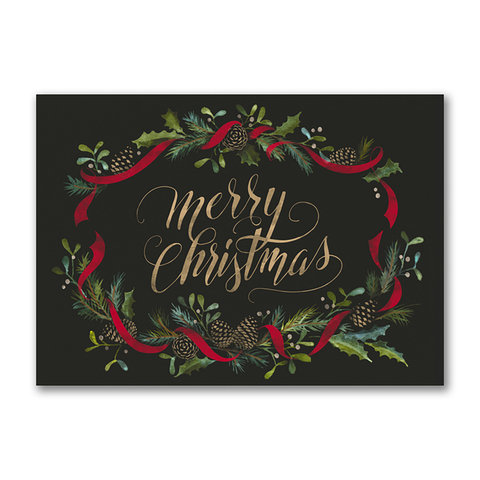 Merry Christmas card featuring pine cones evergreen branches and red ribbon on a dark background
