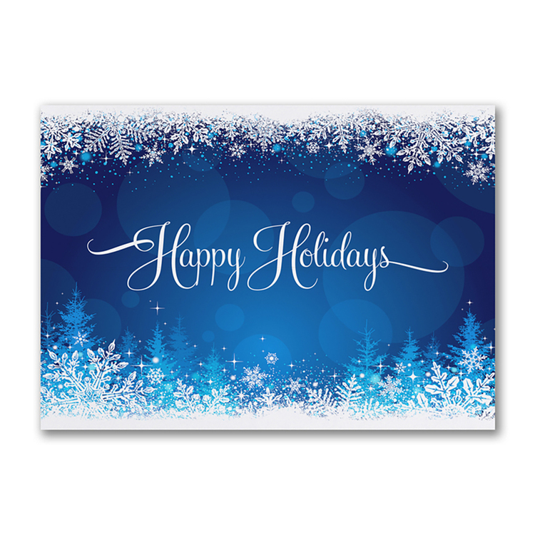 Happy Holidays card featuring blue winter snowflakes glowing lights and a snowy forest silhouette