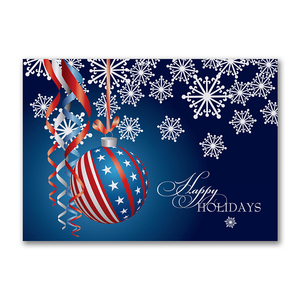 Happy Holidays card featuring a patriotic red white and blue ornament with snowflakes and festive ribbons