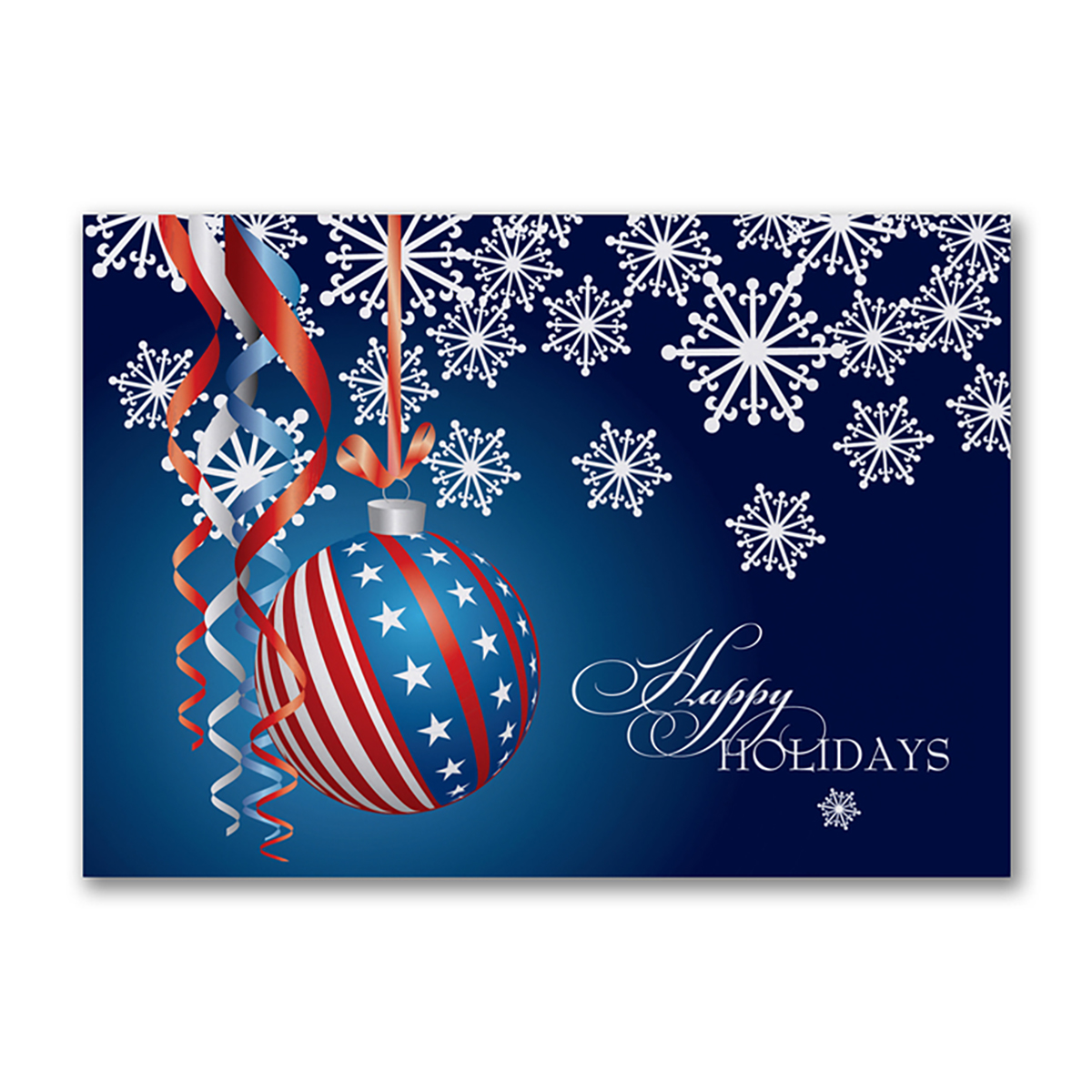 Happy Holidays card featuring a patriotic red white and blue ornament with snowflakes and festive ribbons