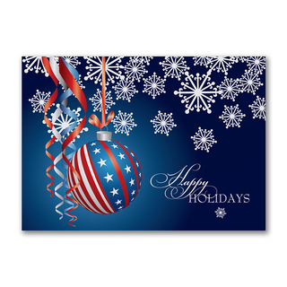 Happy Holidays card featuring a patriotic red white and blue ornament with snowflakes and festive ribbons