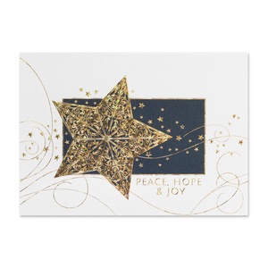 Holiday card featuring an ornate gold star with Peace Hope and Joy message on a sophisticated white and navy background