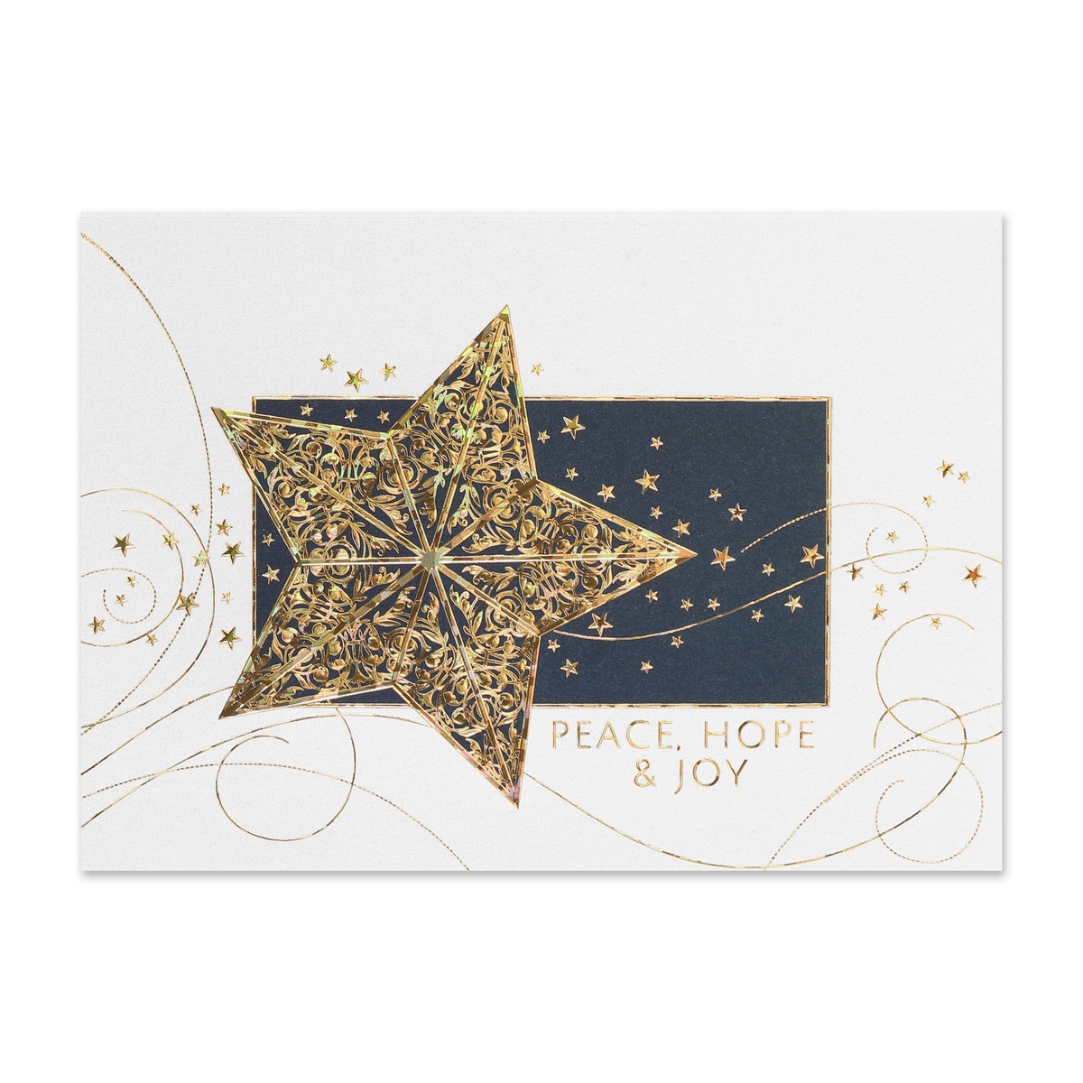 Holiday card featuring an ornate gold star with Peace Hope and Joy message on a sophisticated white and navy background