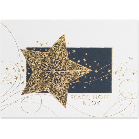Holiday card featuring an ornate gold star with Peace Hope and Joy message on a sophisticated white and navy background
