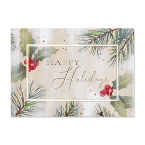 Happy Holidays card featuring watercolor holly berries pine branches and gold accents