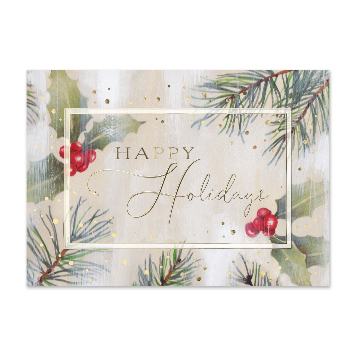 Happy Holidays card featuring watercolor holly berries pine branches and gold accents