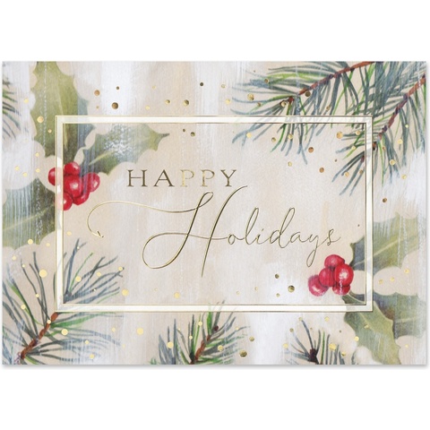 Happy Holidays card featuring watercolor holly berries pine branches and gold accents