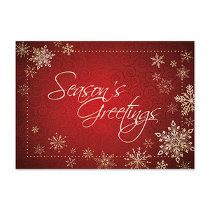 Red holiday greeting card featuring elegant snowflakes, decorative swirls, and Season's Greetings script typography