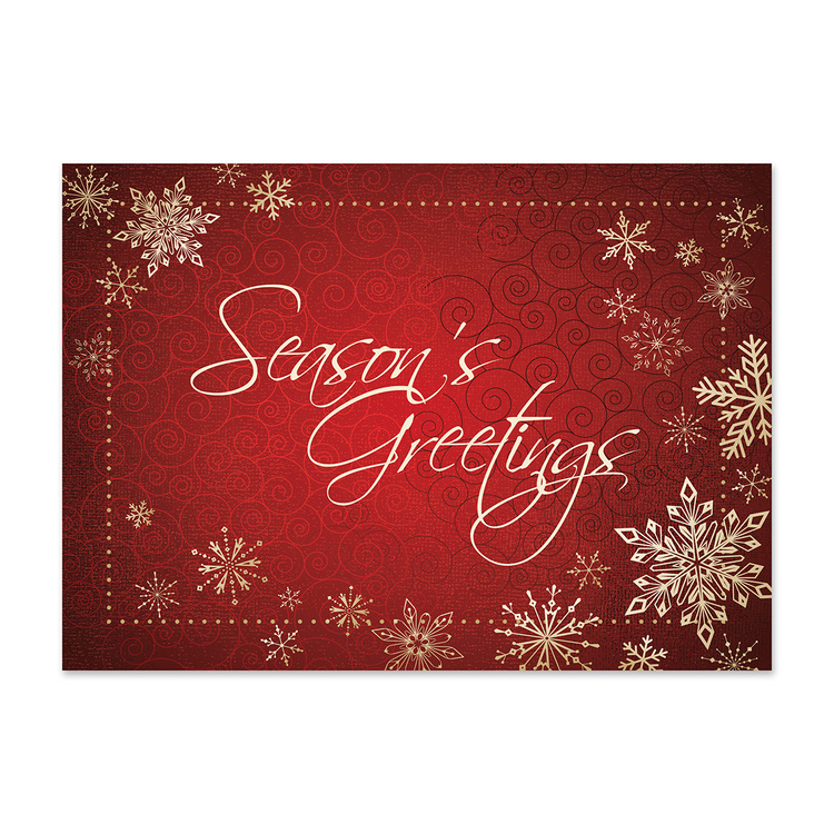 Red holiday greeting card featuring elegant snowflakes, decorative swirls, and Season's Greetings script typography
