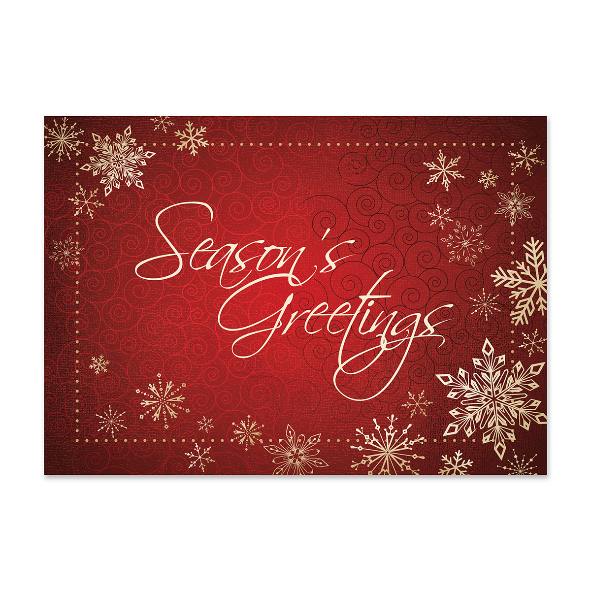 Red holiday greeting card featuring elegant snowflakes, decorative swirls, and Season's Greetings script typography