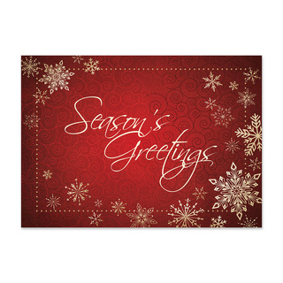 Red holiday greeting card featuring elegant snowflakes, decorative swirls, and Season's Greetings script typography