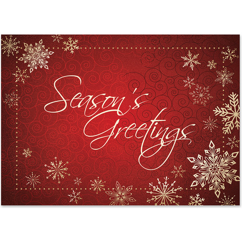 Red holiday greeting card featuring elegant snowflakes, decorative swirls, and Season's Greetings script typography