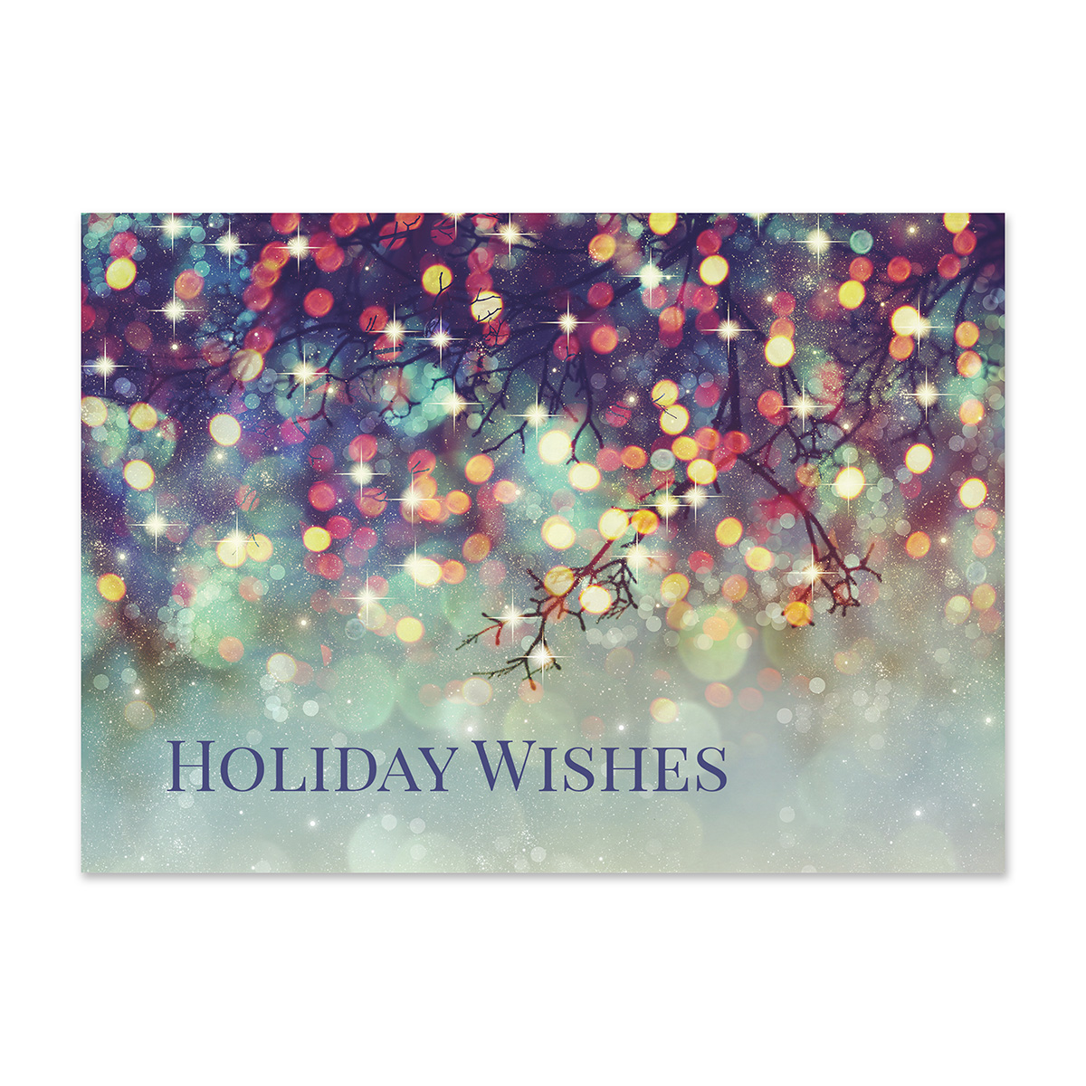 Holiday greeting card featuring colorful twinkling lights, sparkling bokeh effects, and Holiday Wishes typography