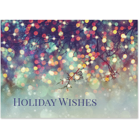 Holiday greeting card featuring colorful twinkling lights, sparkling bokeh effects, and Holiday Wishes typography