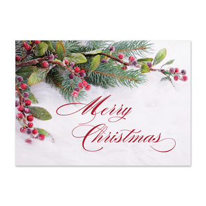 Christmas greeting card featuring frosted red berries, evergreen branches, and elegant Merry Christmas script