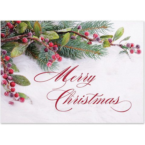 Christmas greeting card featuring frosted red berries, evergreen branches, and elegant Merry Christmas script