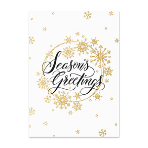Season's Greetings holiday card featuring gold snowflakes arranged in a wreath design with elegant script typography