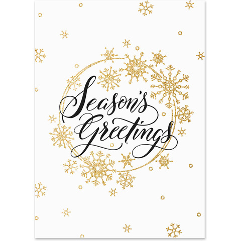 Season's Greetings holiday card featuring gold snowflakes arranged in a wreath design with elegant script typography