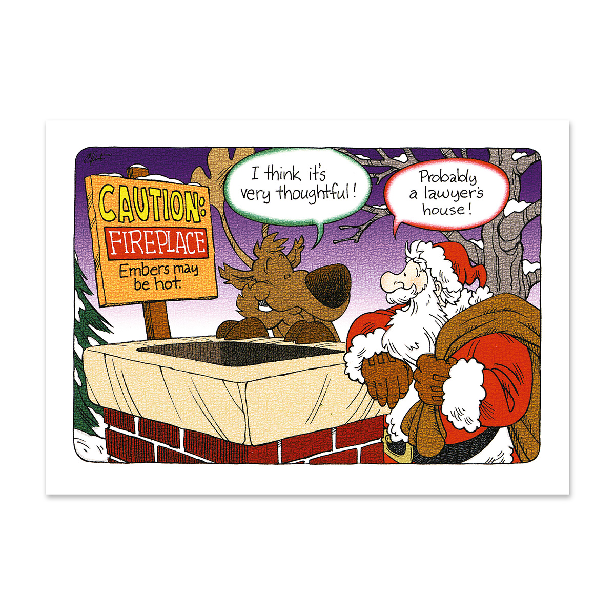 Funny holiday card featuring Santa and a reindeer standing by a fireplace with humorous legal caution sign dialogue