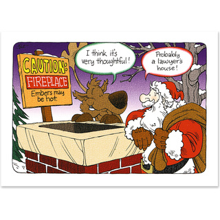 Funny holiday card featuring Santa and a reindeer standing by a fireplace with humorous legal caution sign dialogue