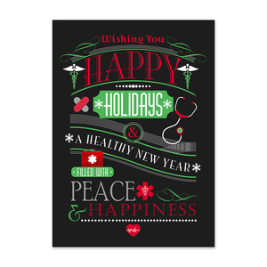 Healthcare holiday card featuring medical symbols, stethoscope, and Happy Holidays wishes for a healthy New Year
