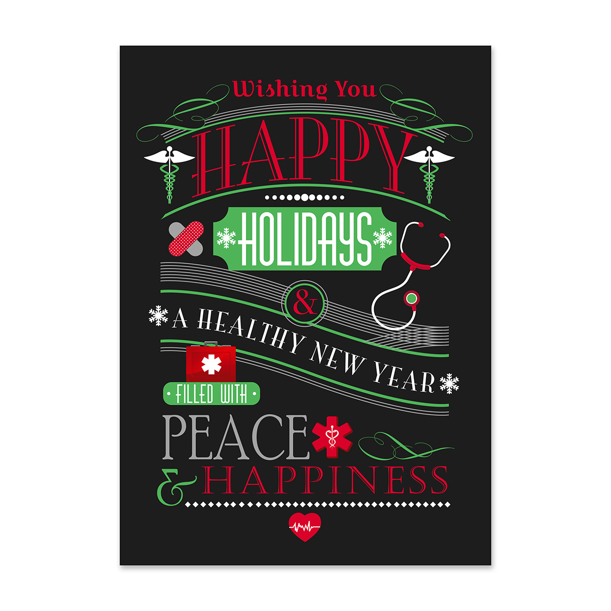 Healthcare holiday card featuring medical symbols, stethoscope, and Happy Holidays wishes for a healthy New Year