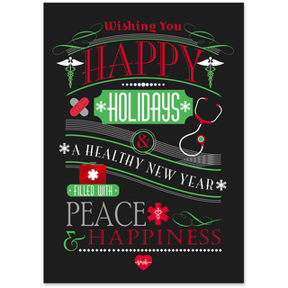 Healthcare holiday card featuring medical symbols, stethoscope, and Happy Holidays wishes for a healthy New Year