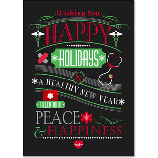 Healthcare holiday card featuring medical symbols, stethoscope, and Happy Holidays wishes for a healthy New Year