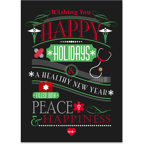 Healthcare holiday card featuring medical symbols, stethoscope, and Happy Holidays wishes for a healthy New Year