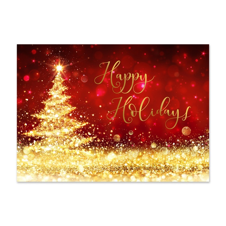 Elegant holiday card featuring a glowing gold Christmas tree on a rich red background with sparkling lights and Happy Holidays greeting