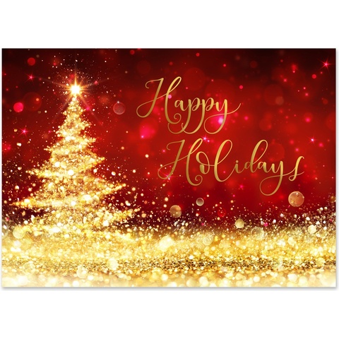 Elegant holiday card featuring a glowing gold Christmas tree on a rich red background with sparkling lights and Happy Holidays greeting