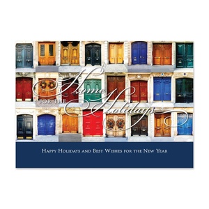 Custom holiday greeting card featuring a collection of colorful front doors decorated with wreaths and the message Home for the Holidays