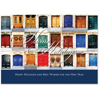Custom holiday greeting card featuring a collection of colorful front doors decorated with wreaths and the message Home for the Holidays