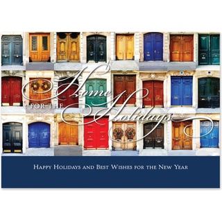 Custom holiday greeting card featuring a collection of colorful front doors decorated with wreaths and the message Home for the Holidays