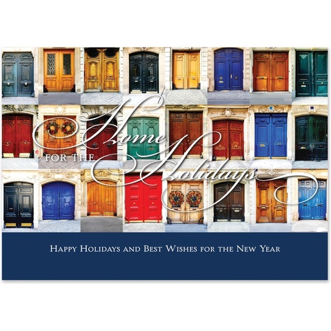 Custom holiday greeting card featuring a collection of colorful front doors decorated with wreaths and the message Home for the Holidays