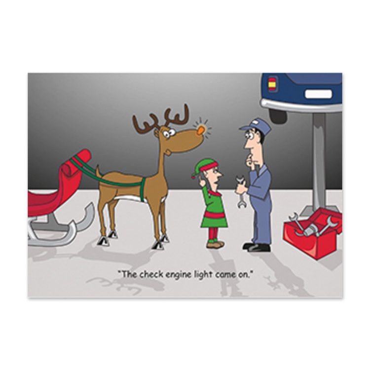 Funny automotive holiday card featuring a mechanic, Santa's elf, and Rudolph with a glowing nose joking that the check engine light came on