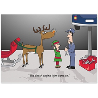 Funny automotive holiday card featuring a mechanic, Santa's elf, and Rudolph with a glowing nose joking that the check engine light came on