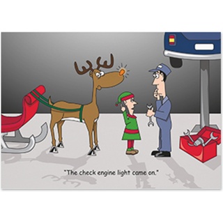 Funny automotive holiday card featuring a mechanic, Santa's elf, and Rudolph with a glowing nose joking that the check engine light came on
