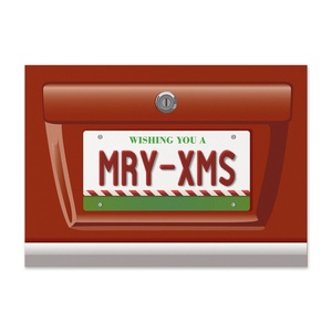 Funny holiday card featuring a red mailbox with a custom license plate reading MRY-XMS, creating a playful Christmas greeting for businesses and corporate holiday mailings
