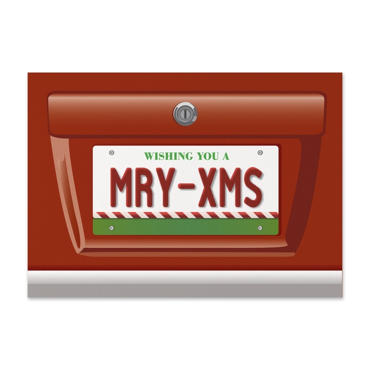 Funny holiday card featuring a red mailbox with a custom license plate reading MRY-XMS, creating a playful Christmas greeting for businesses and corporate holiday mailings