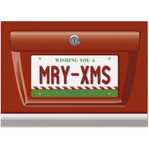Funny holiday card featuring a red mailbox with a custom license plate reading MRY-XMS, creating a playful Christmas greeting for businesses and corporate holiday mailings