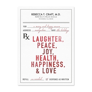 Medical holiday card designed as a prescription form featuring the message "Laughter, Peace, Joy, Health, Happiness & Love" for healthcare professionals and medical practices