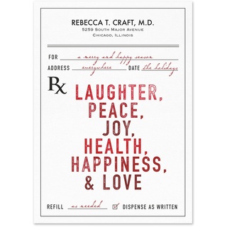 Medical holiday card designed as a prescription form featuring the message "Laughter, Peace, Joy, Health, Happiness & Love" for healthcare professionals and medical practices
