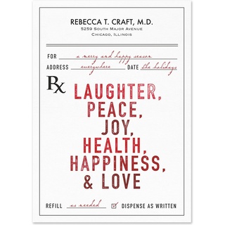 Medical holiday card designed as a prescription form featuring the message "Laughter, Peace, Joy, Health, Happiness & Love" for healthcare professionals and medical practices