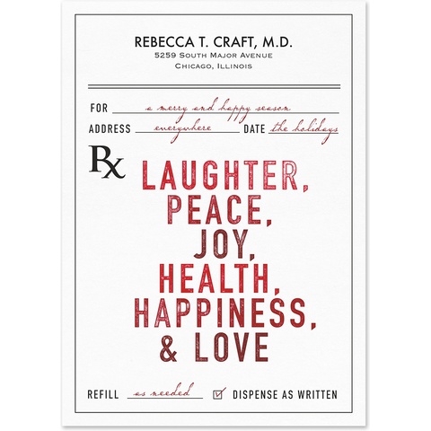Medical holiday card designed as a prescription form featuring the message "Laughter, Peace, Joy, Health, Happiness & Love" for healthcare professionals and medical practices