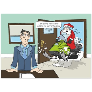 Funny insurance holiday card featuring Santa driving a snowmobile into an insurance office with a humorous policy update message